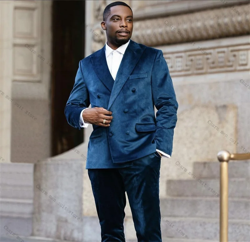 

Velvet Blue Men Suit Set 2 Piece Blazer+Pants Trousers Winter Autumn Customized Formal Office Jacket Wedding Tuxedos Prom Coat