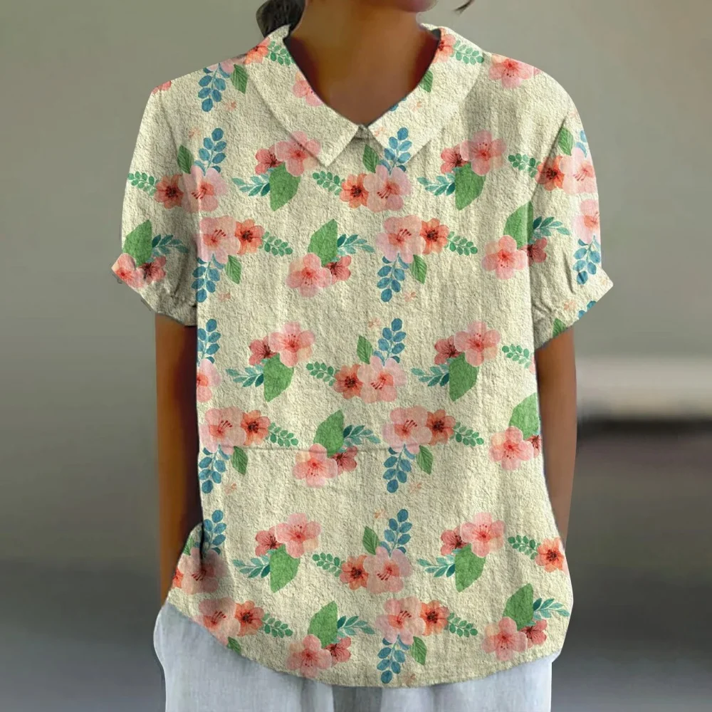 

Summer New Printed Short-sleeved O Neck Shirt T Shirt Women Blouse Casual Loose Retro Female Everything With Cotton Linen Blouse