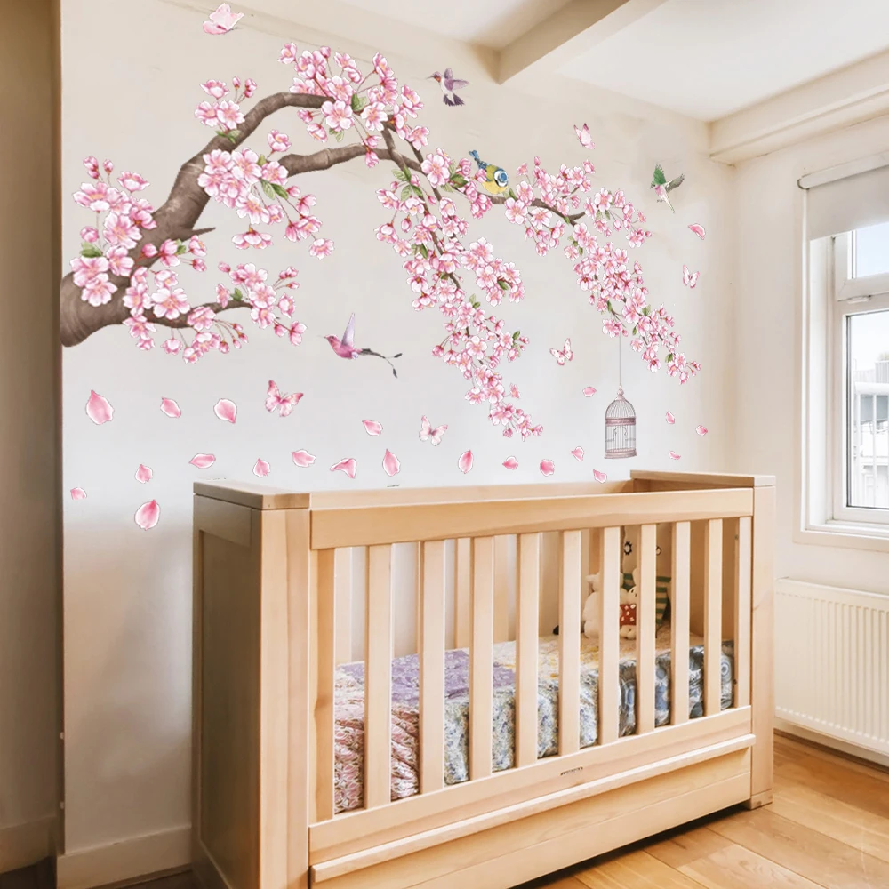 Large Pink Cherry Blossom Tree Birds Wall Stickers Decals Nature Landscape for Bedroom Living Room Wall Decor