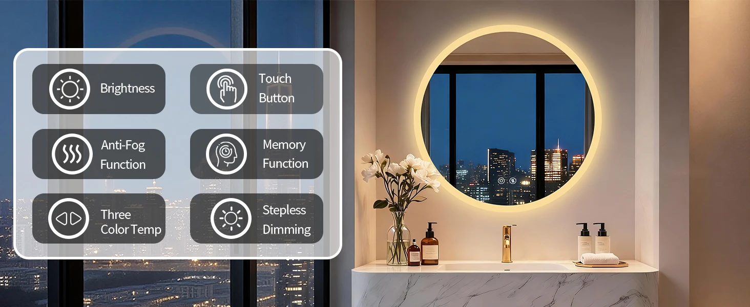 Round LED Bathroom Mirror 500 600 700 800 900mm Wall Vanity Mirror with Aluminum Frame, Anti-Fog, Stepless Dimming, 3000K/4000K/6000K,Memory Function, Backlit, Dual Buttons