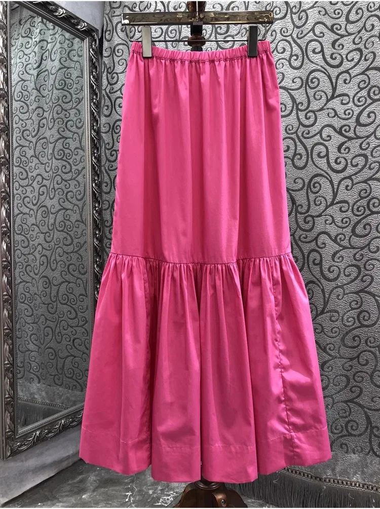 100%Cotton Long Skirts 2024 Spring High Quality Clothes Ladies Elastic Waist Casual Party Long Maxi Pink Skirts Sexy Club Wear