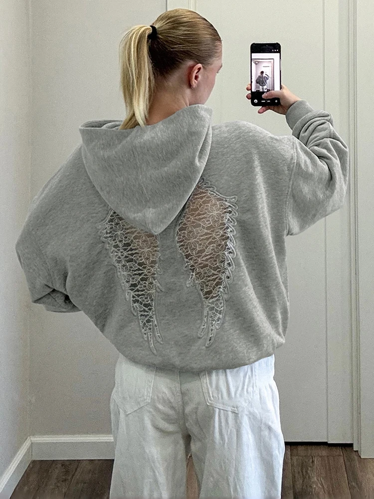 Weird Puss Pullover mit Spitzen-Patchwork in Flügelform, Damen, Herbsttrend, Kapuze, lange Ärmel, rückenfrei, High-Street-Mode, Oberteile – Detail 33