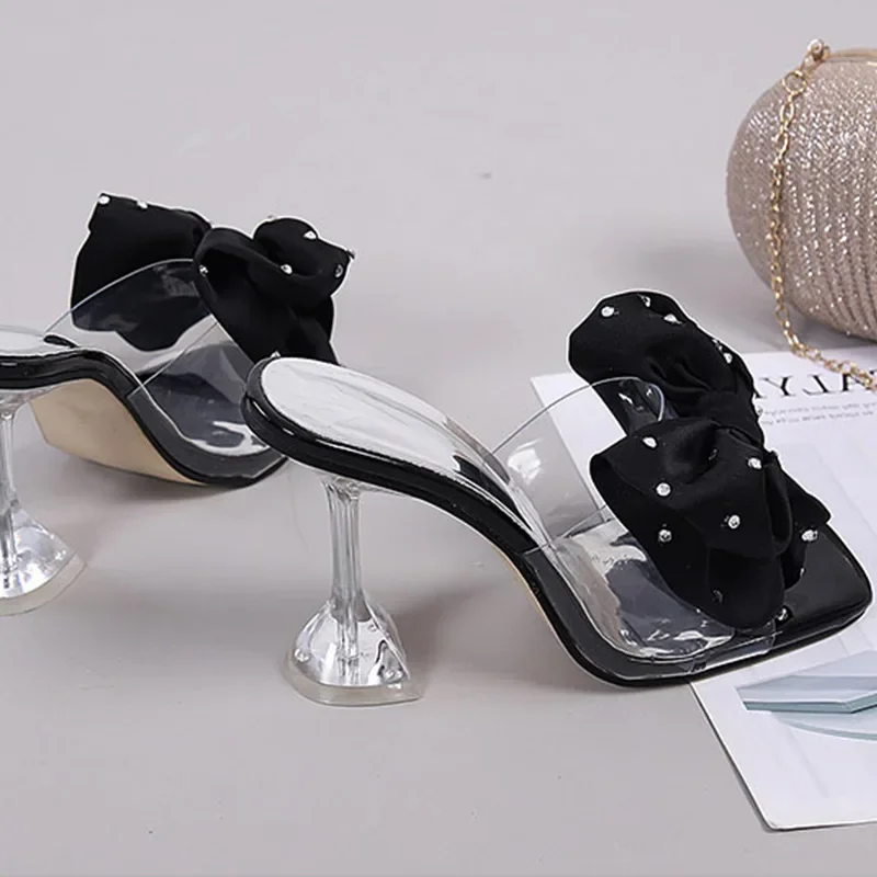 Women Fashion High Heel Slippers Summer 2024 New Sweet Bow Women Shoes Crystal Transparent Heeled Slipper Casual Sandals Slides