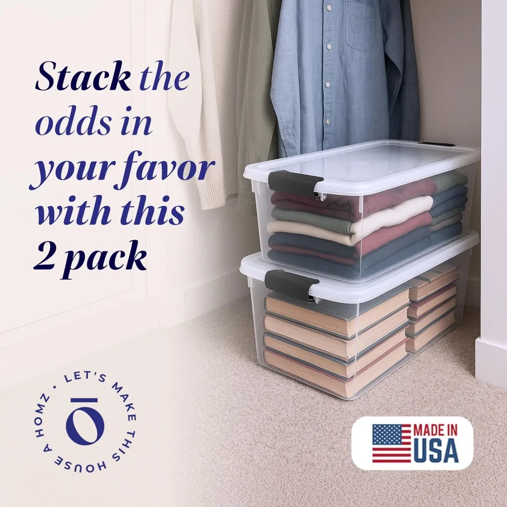 

2 больших прозрачных пластиковых контейнера для хранения с крышками, серая защелка на 66 литров — штабелируемый органайзер для дома и офиса