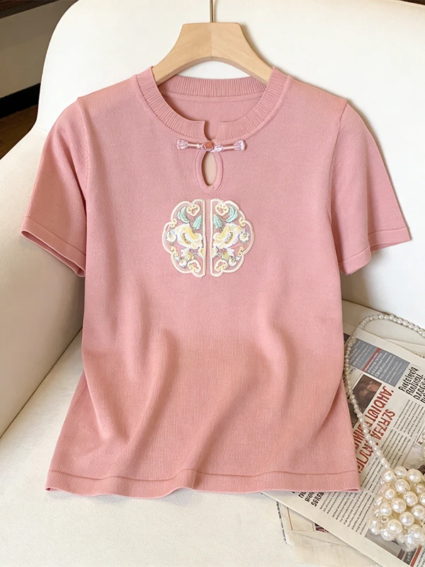 

plus Size Summer New Women's Sweet Style Ethnic T-Shirt Breathable Skin-Friendly Short Sleeve Regular Length Pure Color Top