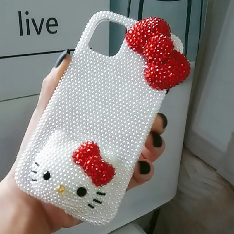 

Милый чехол для мобильного телефона Kawaii Hello Kitty Full Pearl 16 Pro Max 15 14 Sanrio Apple, чехол для телефона со стразами, подарок на фестиваль подруги