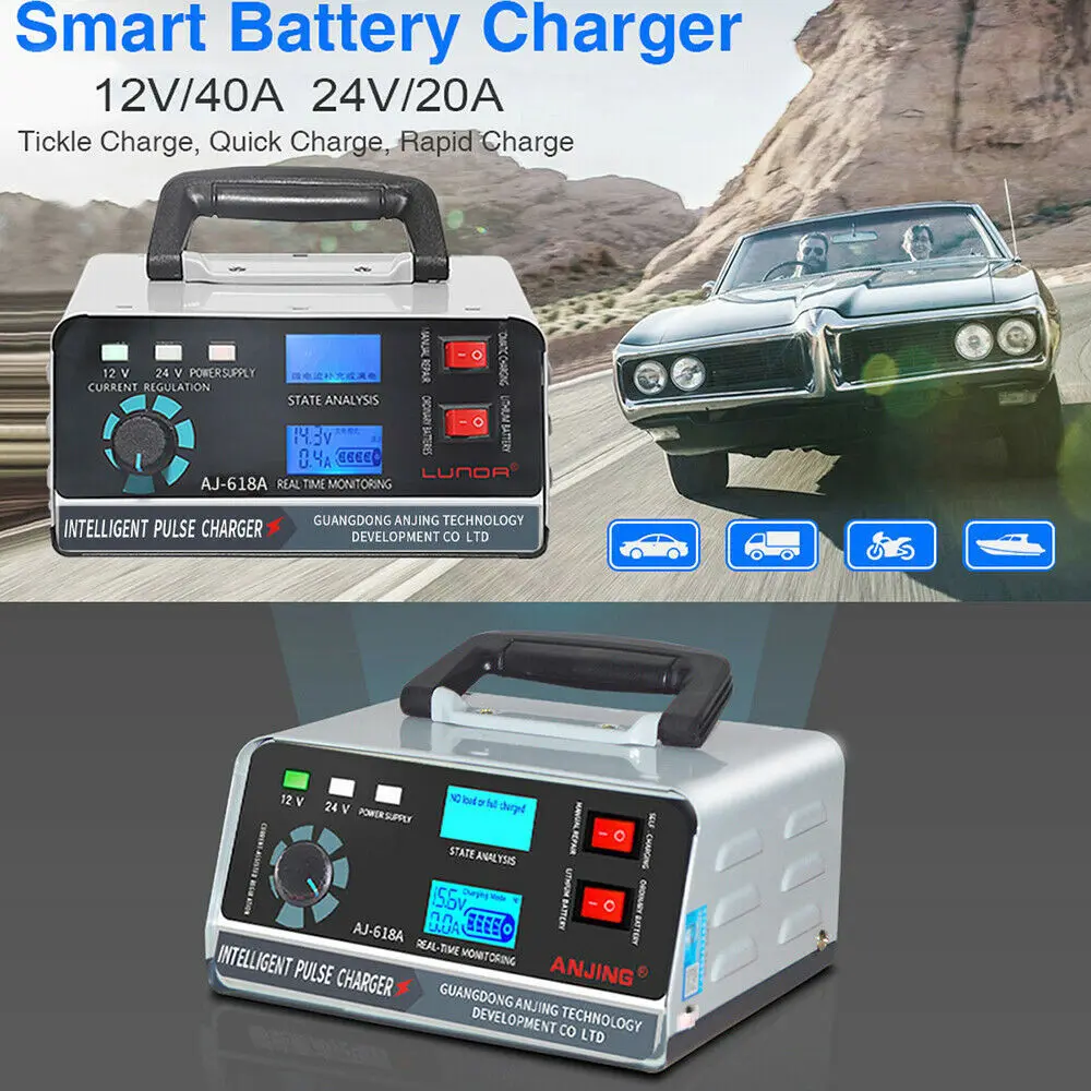 400W Car Battery Charger Intelligent Pulse Repair for 12V 24V Car Motorcycle SUV Truck High Power Charger Dual LED Display