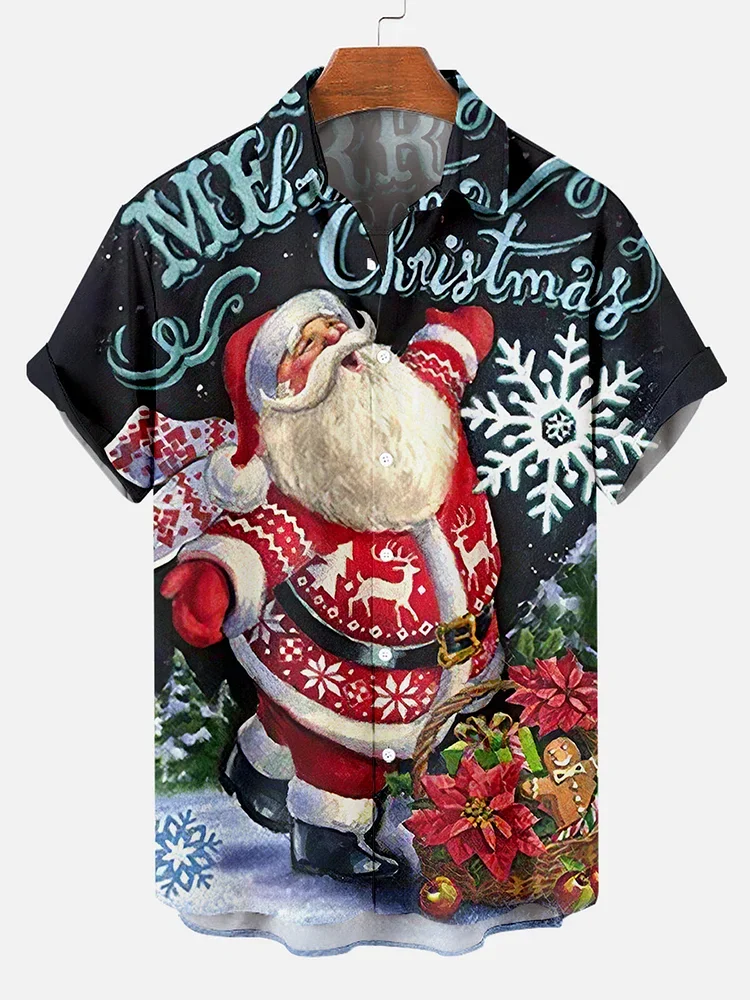 Men's Retro Elk Christmas Hawaiian Shirt Men Women Fashion Cartoon Santa Claus Shirts Short Sleeve Blouse Festive Holiday Top