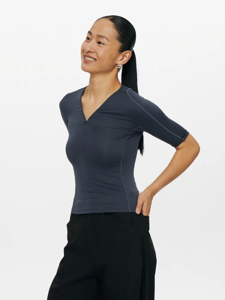Oneup Sportswear Women's Fitness Short Sleeve T-Shirt V-Neck Half Zip Five Sleeve Cycling Suit Summer Slim Fit Casual Style
