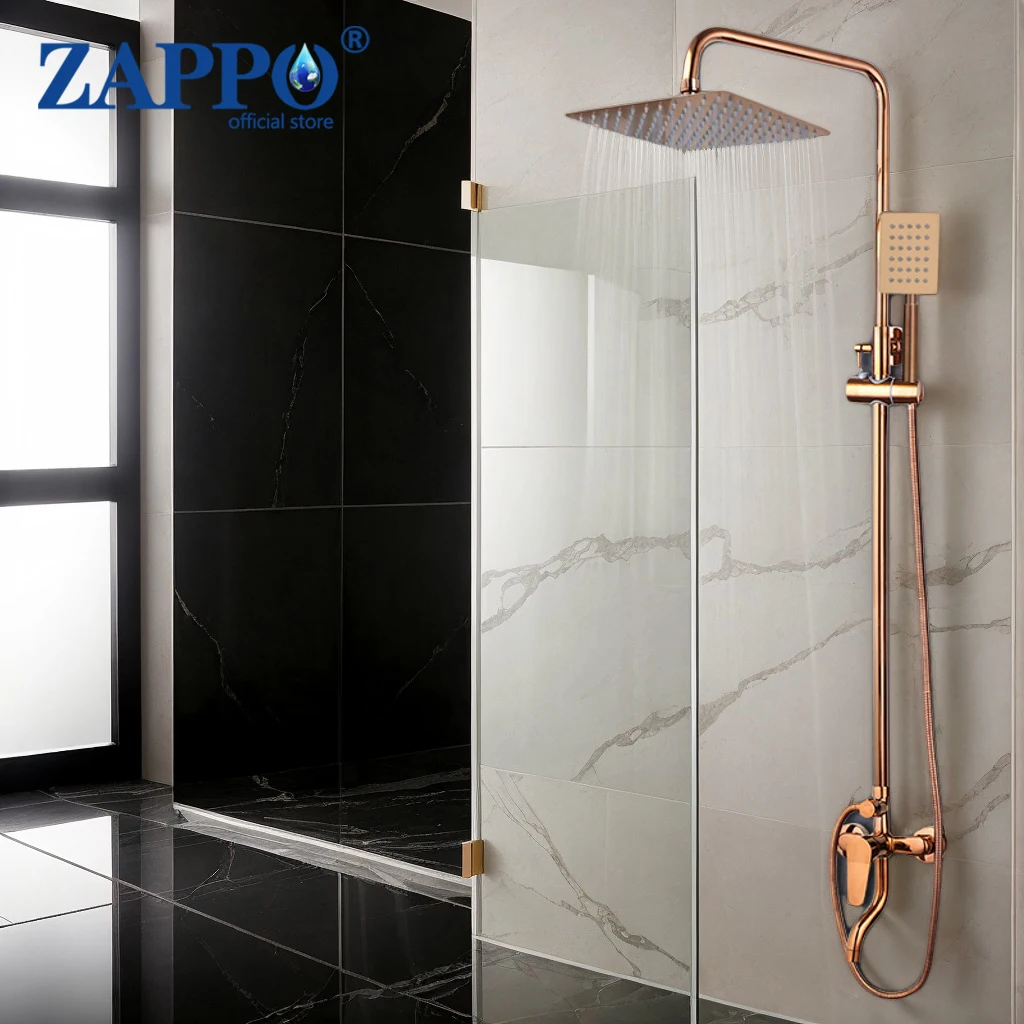 ZAPPO Rose Gold Exposed Shower System w/ Handheld Spray and Bath Tub Faucet Wall Mount Single Handle Outdoor Shower for Bathroom