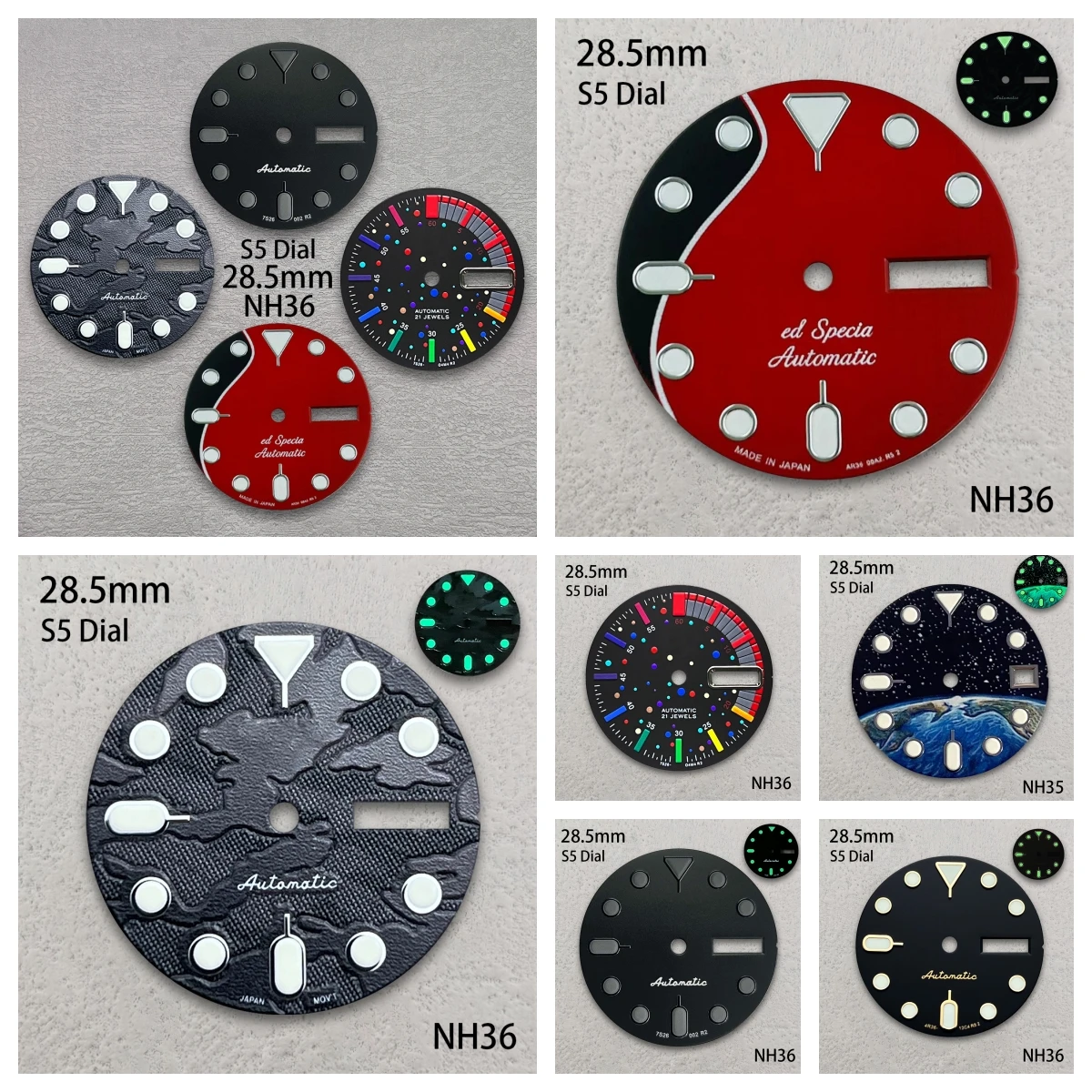 

28.5mm S5 Logo Camouflage Dial Suitable For NH35/NH36/4R36 Movement Green Luminous Dual Calendar Watch Modification Accessories