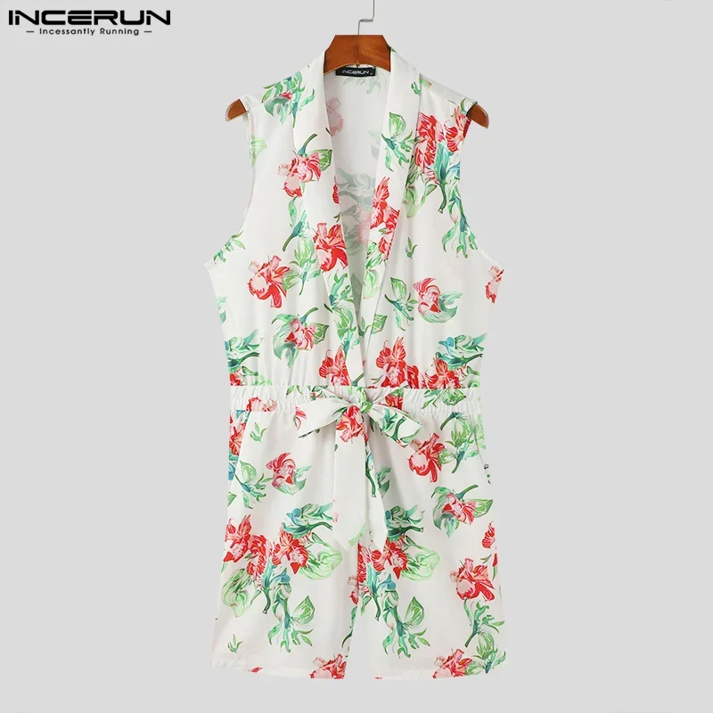 INCERUN Men Rompers Flower Printing Lapel Sleeveless Lace Up Casual Jumpsuits Shorts Streetwear Summer 2024 Fashion Playsuits