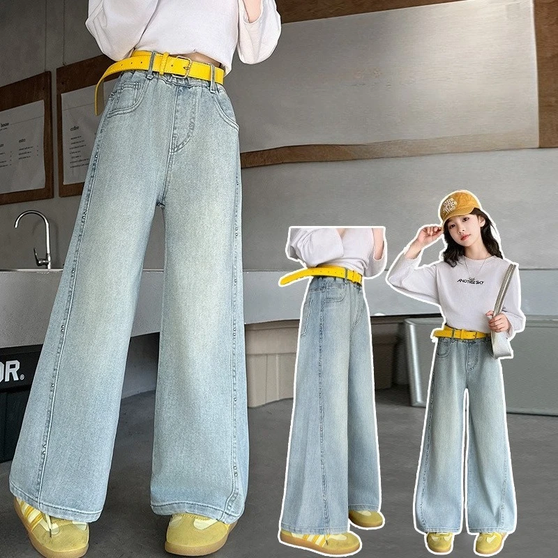 

2026 New Girls' Wide-Leg Jeans for Big Kids, Spring Fashion Straight-Leg Pants Trendy & Versatile
