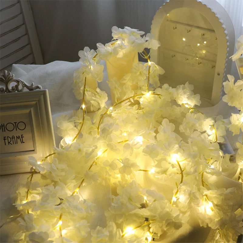 180 cm künstliche Sakura-Blumen, Ranken-LED-Schnur für Hochzeit, Garten, Bogen, Dekoration, Zuhause, Zimmer, Wandbehang, Party, Outdoor, Ornament – Detail 4
