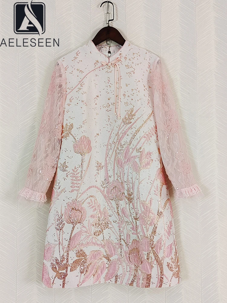 

AELESEEN Spring Summer Jacquard Dress Women Design Fashion Lace Patchwork Pink Flower Print Pearls Casual Holiday Vacation Mini