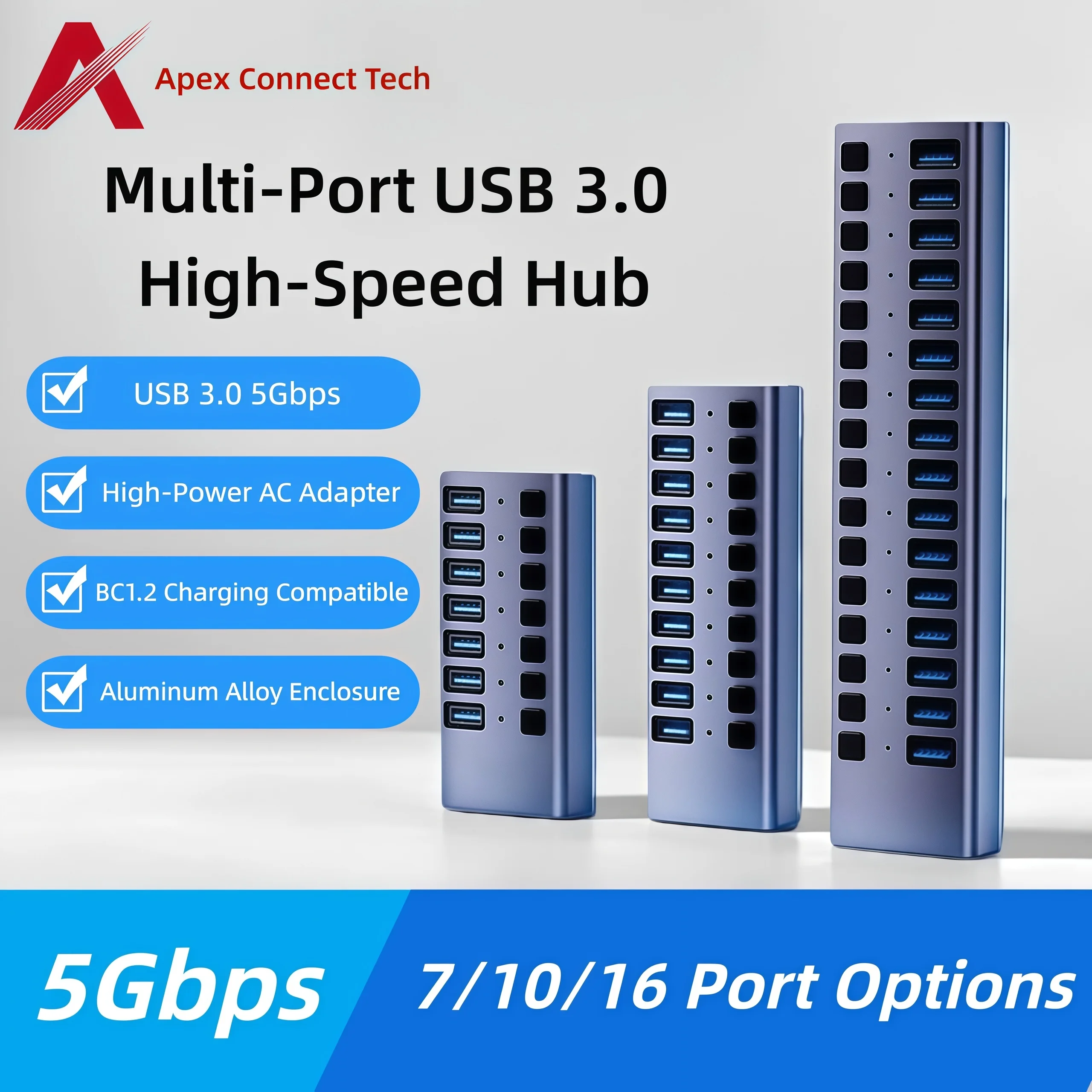 USB Hub 3,0 multipuerto de alta velocidad 16 10 7 puertos interruptor de encendido y apagado con fuente de alimentación adaptador divisor USB extensión de puertos múltiples