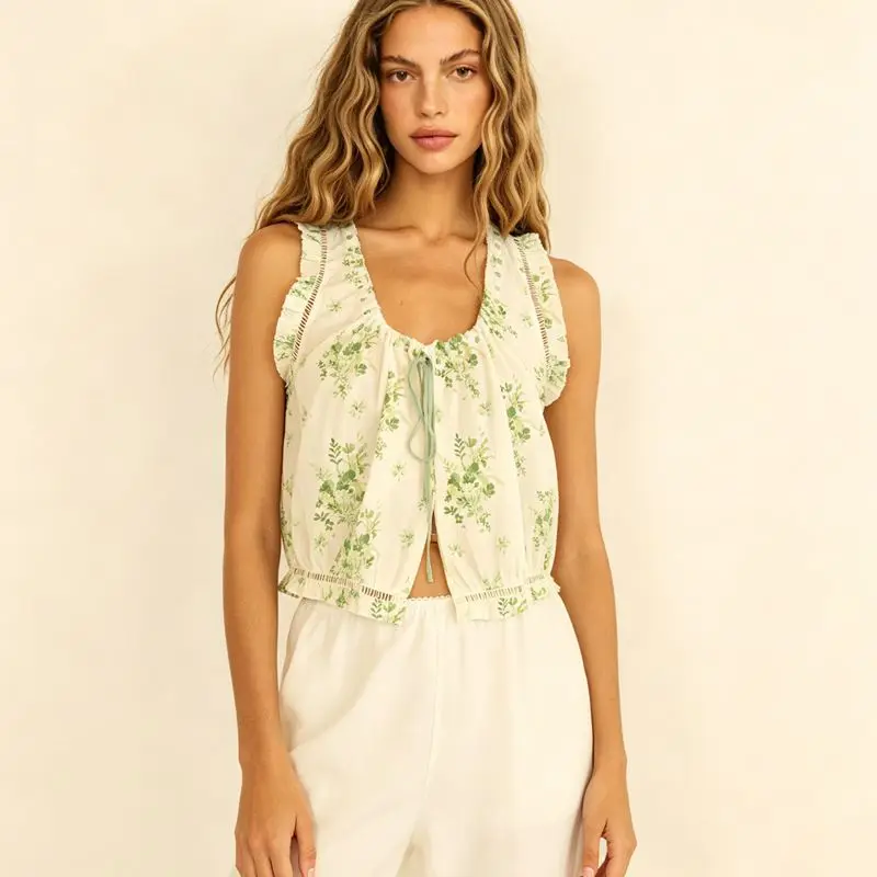 Women's Sleeveless Hollow Out Blouse Y2k Floral Print Ruffle Trim Drawstring Bow Tied Crewneck Button Crop Tank Tops