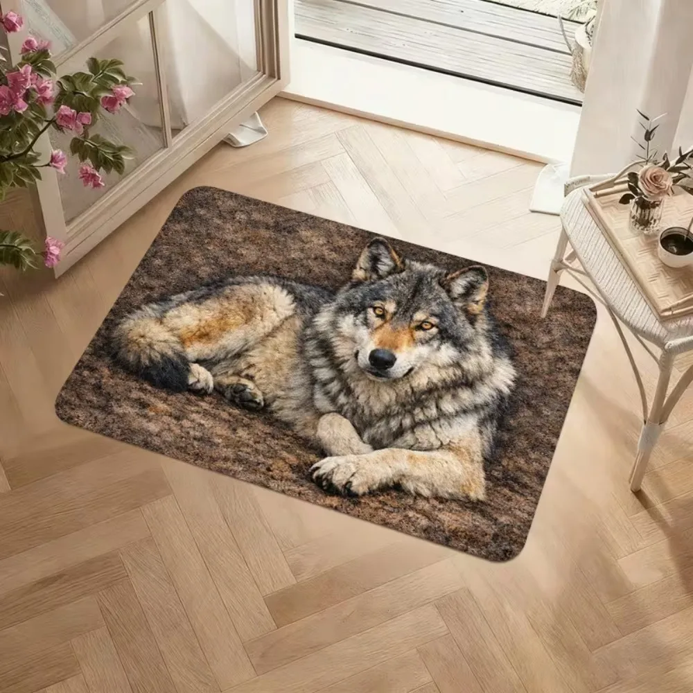 Wolf Lying Floor Carpet Brown Earth Texture Gray Fur Detail Print Non Slip Soft Mat For Nature Theme Living Room Home Decor