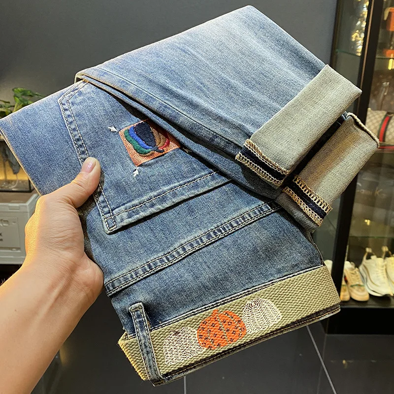 Pantalones vaqueros recortados para hombre, jeans elásticos ajustados, bordados, informales, a la moda, de lujo asequible, a juego, novedad de verano 2024