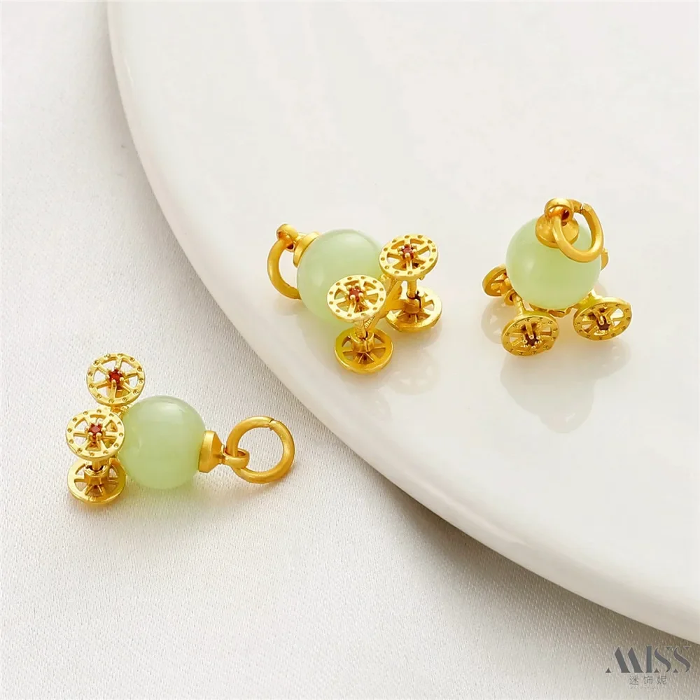18K Matte Gold Inlaid Jade Stone Four-wheeled Pumpkin Cart Pendant DIY Bracelet Necklace Pendant Jewelry Accessories