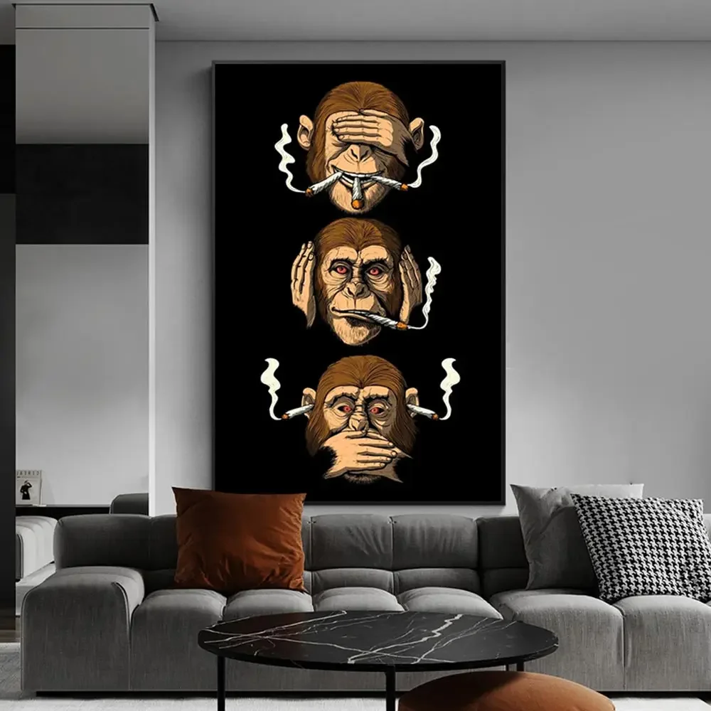 1PCS frameless Canvas paintingClassic Abstract Wall Art Funny Poster Humour Smoking Monkey HD Canvas Print Poster Home Living Ro