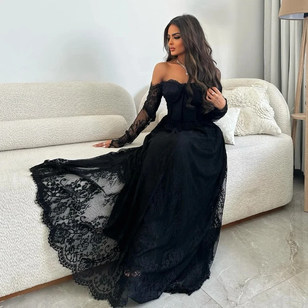 

Classic Black Evening Dress Off the Shoulder Lace Long Sleeves Formal Prom Party Gowns Arabic Robe De Soriee