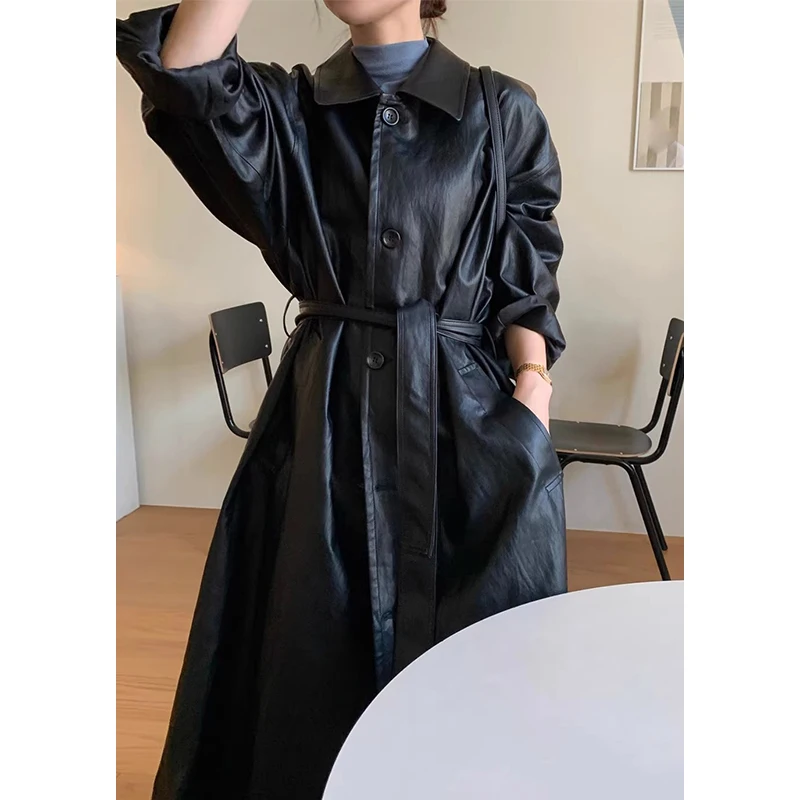 [EWQ] Fashion Chic Full Sleeve Single Breasted Long PU Leather Lace-up Design Women Black Coats Winter 2024 Autumn New 16O2181