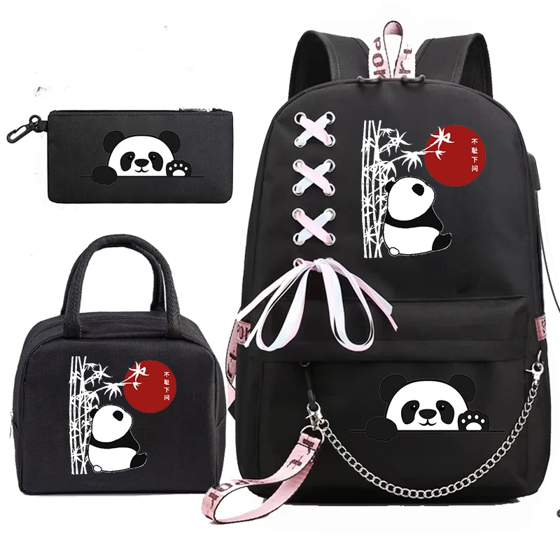 Teens School Bag Backpack Back Pack for Teenager Cartoon 3D Panda Print School Satchels with Portable Lunch Bags Mochila 3pcs