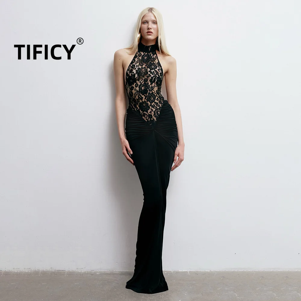 

New Women's Perspective Hollow Lace Breathable Backless Sleeveless Black Slim Fit Dress with Elastic and Sexy Party Long Dress