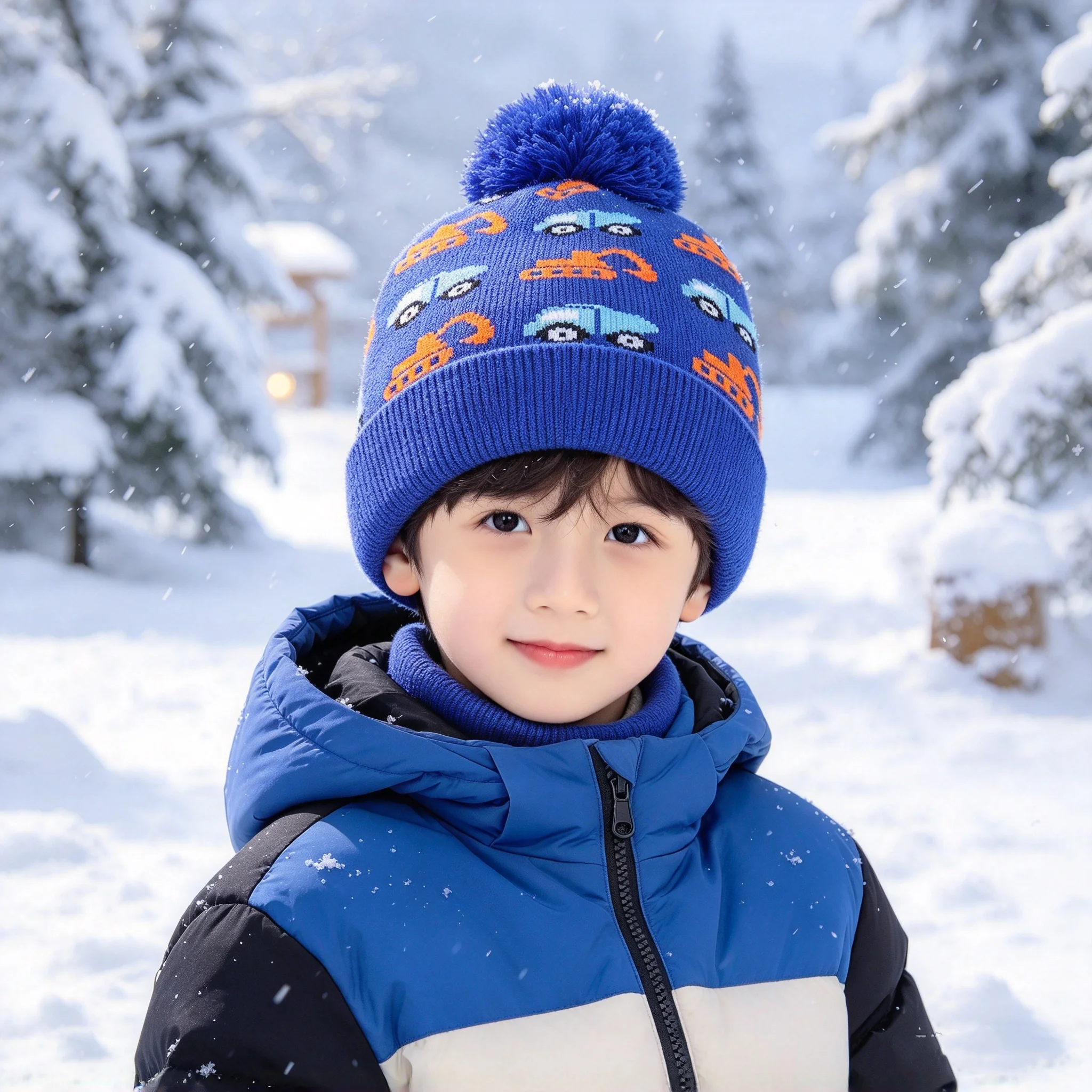 Autumn and Winter Cartoon Excavator Construction Vehicle Jacquard Knit Hat for Boys and Girls, with a Pom-Pom on Top, Rolled Edge Design, Suitable for Outdoor Snow Weather, Warm Children's Beanie Without a Brim