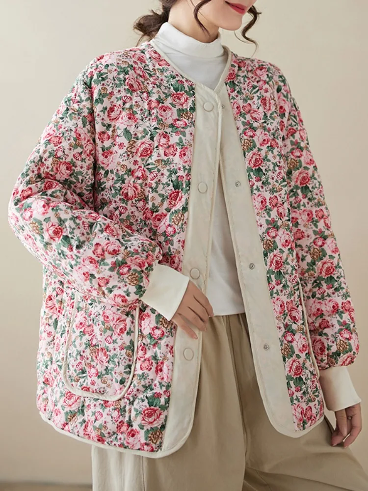 

Женское зимнее пальто из тонкого хлопка с цветочным принтом в стиле ретро, большой размер, большие размеры, лоскутное цветное хлопковое пальто, верхняя одежда
