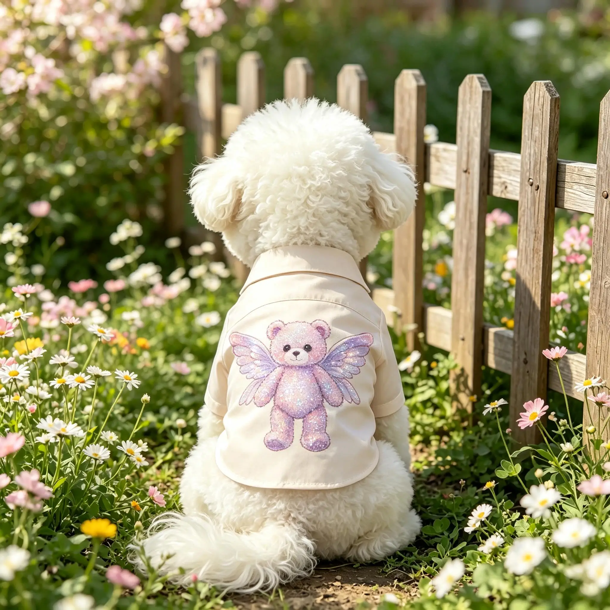 Pet Dog Shirt Beige Glitter Winged Bear Print Lightweight Button Up for Small Medium Dogs Cute Fantasy Theme Daily Wear