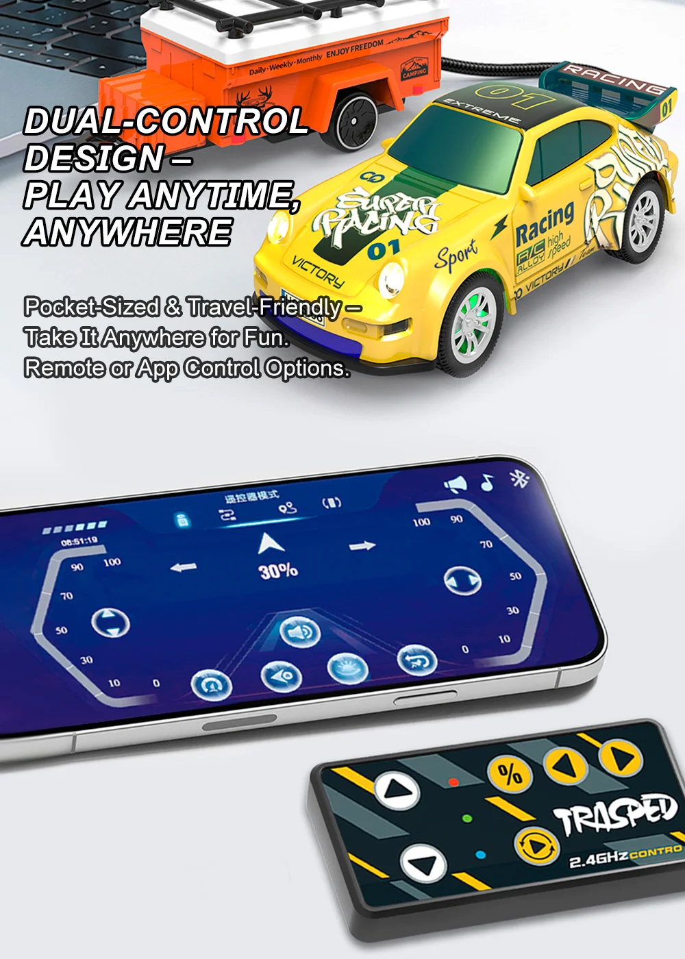 

9IMOD Mini Alloy RC Car APP Control Programmable 3 Speed Cruise Control LED Lights USB Rechargeable 60Min Runtime Auto Demo Toy