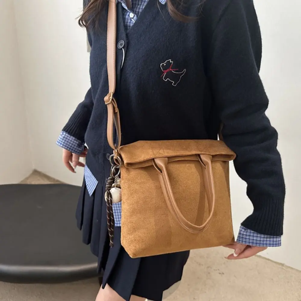 Brown Suede Velvet Shoulder Bag Handbag Large Capacity Vintage PU Crossbody Bag with Pendant Solid Color Female Tote Bag Outdoor