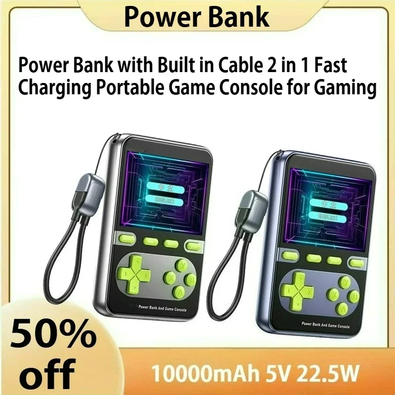 

New 10000mAh Power Bank with Built in Cable 2 in 1 Fast Charging Portable Game Console for Gaming