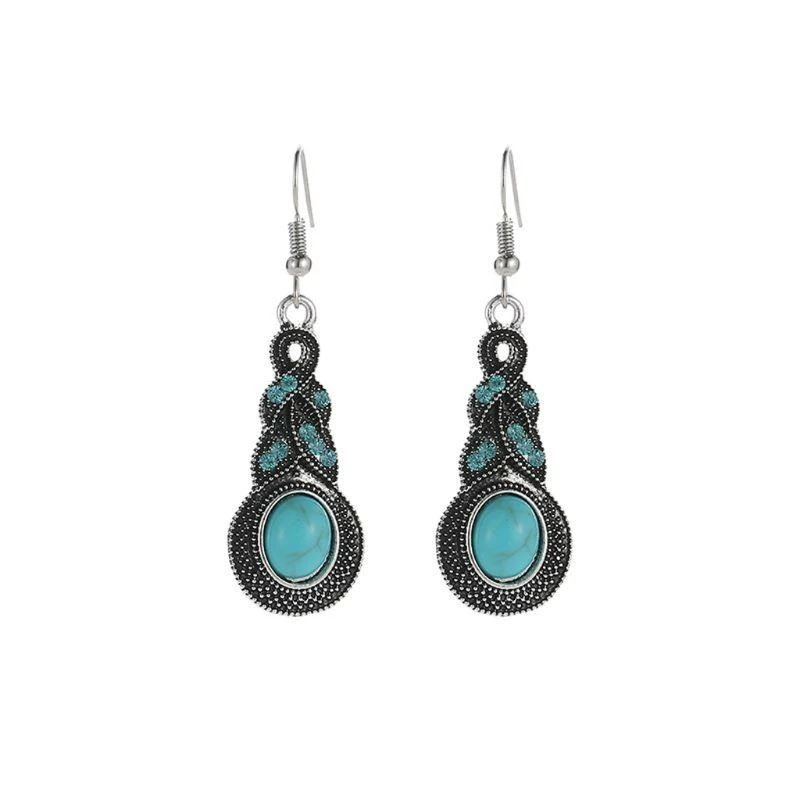  Ethnic Blue Stone Jewelry Set Tibetan Silver Turquoise Pendant Necklace Earrings Jewelry Decor Gift for Sisters Families