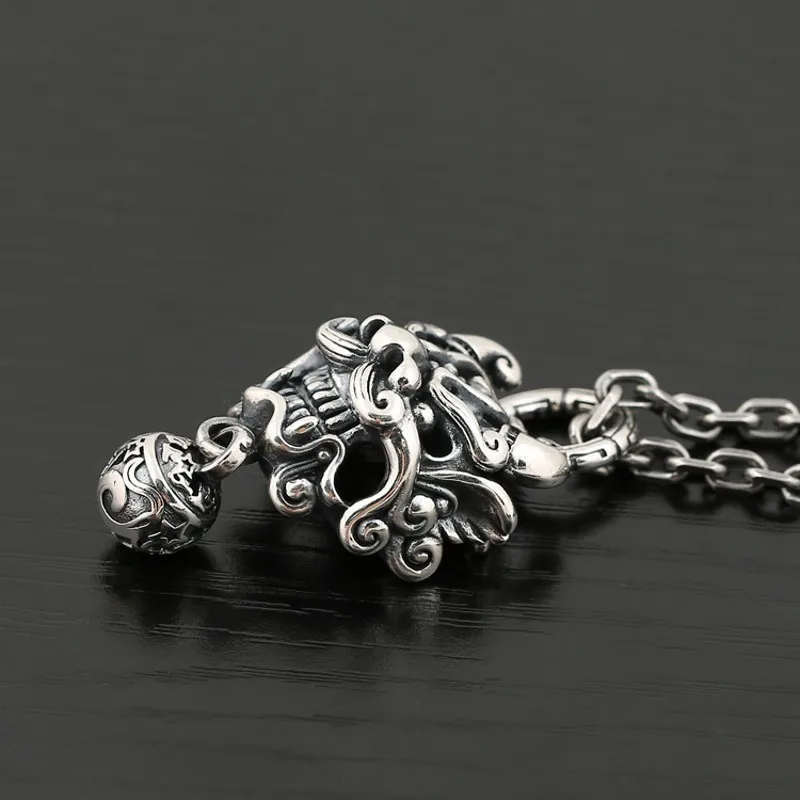 BOCAI New  S925 Silver Vintage Thai Chinese Style Tang Lion Bell Pendant for Man Good Luck Jewelry Accessories