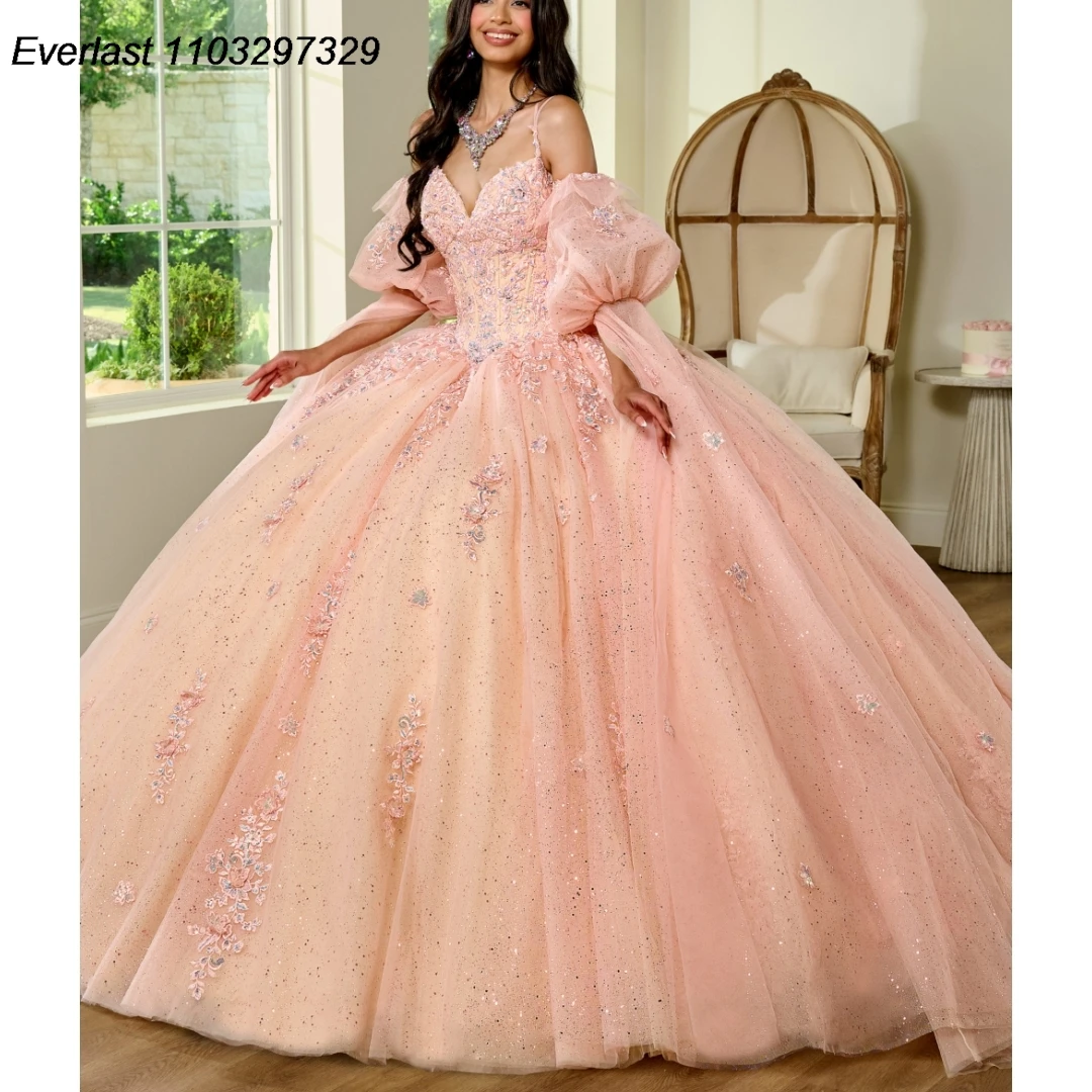 EVLAST-Vestido De quinceañera Rosa rubor, Vestido De baile, apliques florales 3D, cuentas De cristal, manga hinchada, dulce 16, 15 años, TQD449