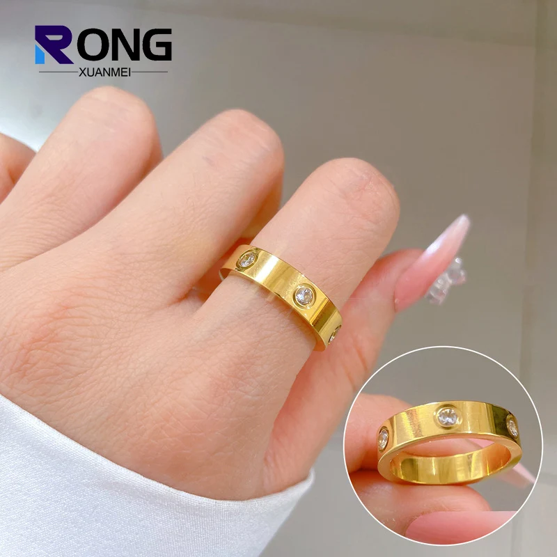 RONGXUANMEI Trendy Cool Simple Gold Color Stainless Steel Rings For Women Exquisite Casual Finger Ring Jewelry High Quality Gift 