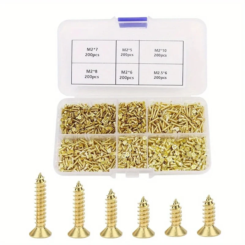 

1200pcs Wood Screws M2 M2.5 Small Flat Head Phillips Screws Assortment Kit KA Brass Wood Self-Tapping Screws