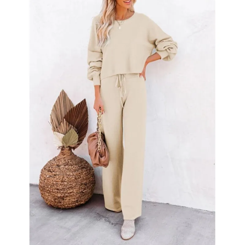 

Autumn Winter Tie Up Two-piece Set Women's Solid Long Sleeved Set Casual Temperament Pullover Short Top Wide Leg Pants Suits