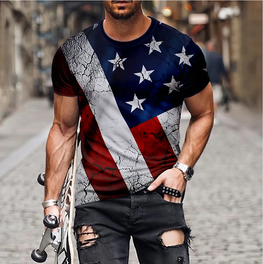 Men\'s Flag 3D Pattern Short Sleeve T-shirt Summer Casual Pullover Men\'s Fashion Loose Sleeve Top