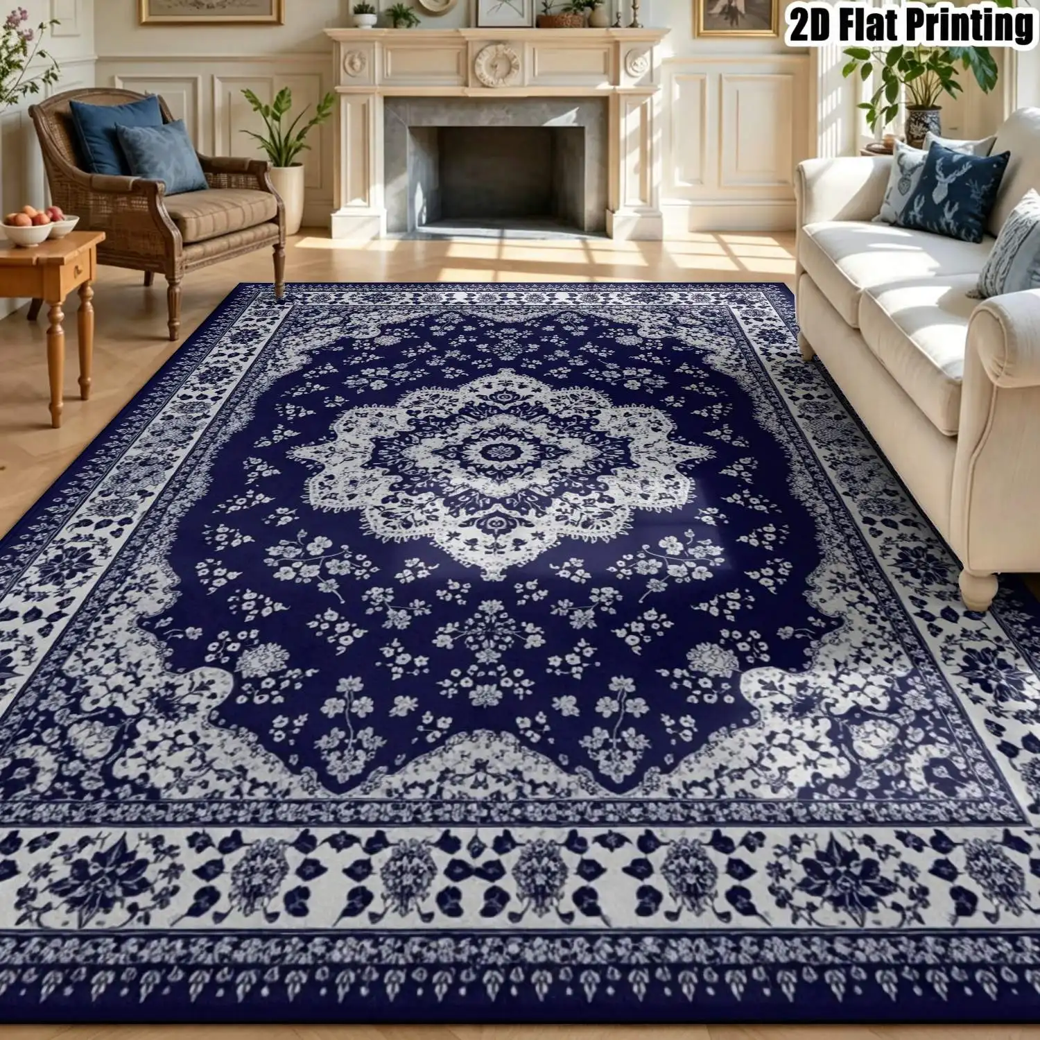 1Pc 2D Printed Dark Blue Base White Floral Retro Carpet: European Style, Geometric Bohemian Motifs, Multi-Size Home Decor Rug, Machine Washable for Entryway, Dining Room, Bedroom, Living Room