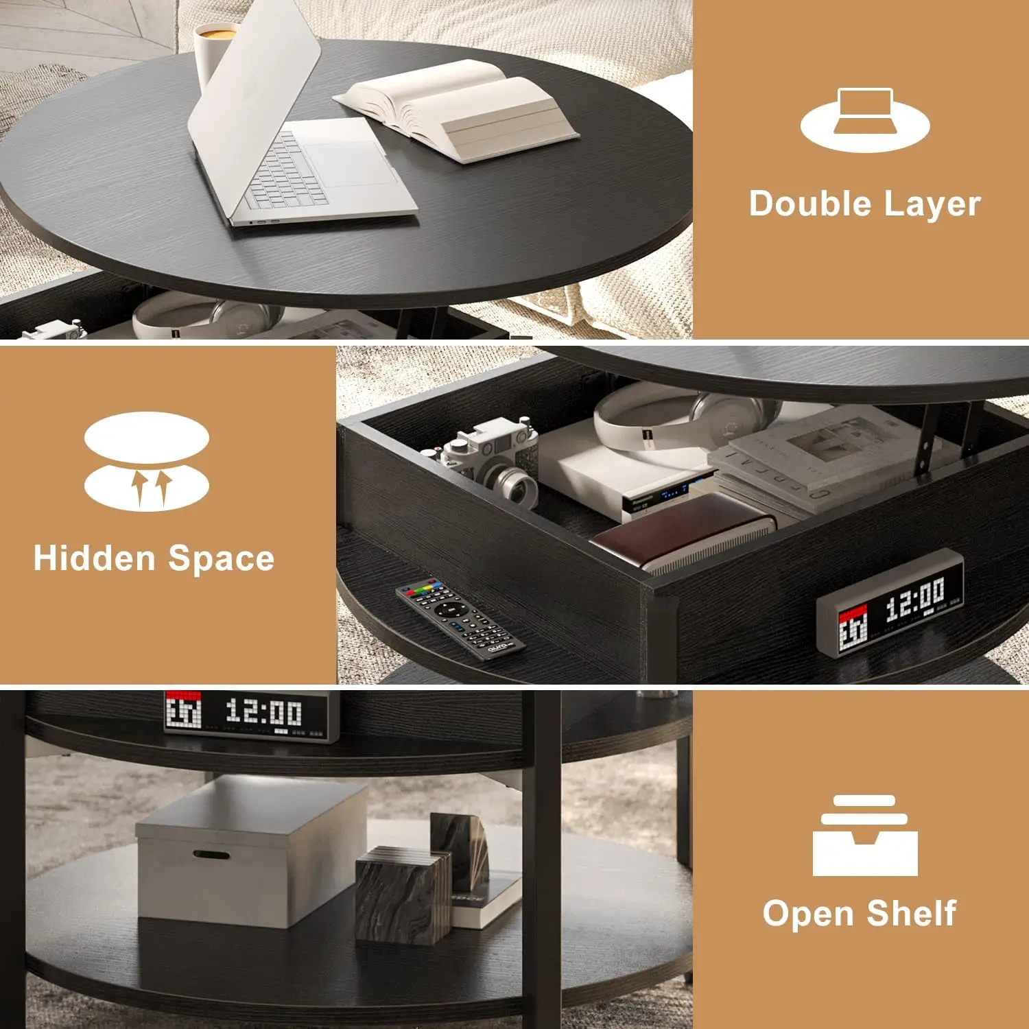 Fabato Round Lift Top Coffee Table With Storage And Hidden Compartment, 26.77'' Farmhouse Coffee Table For Living Room