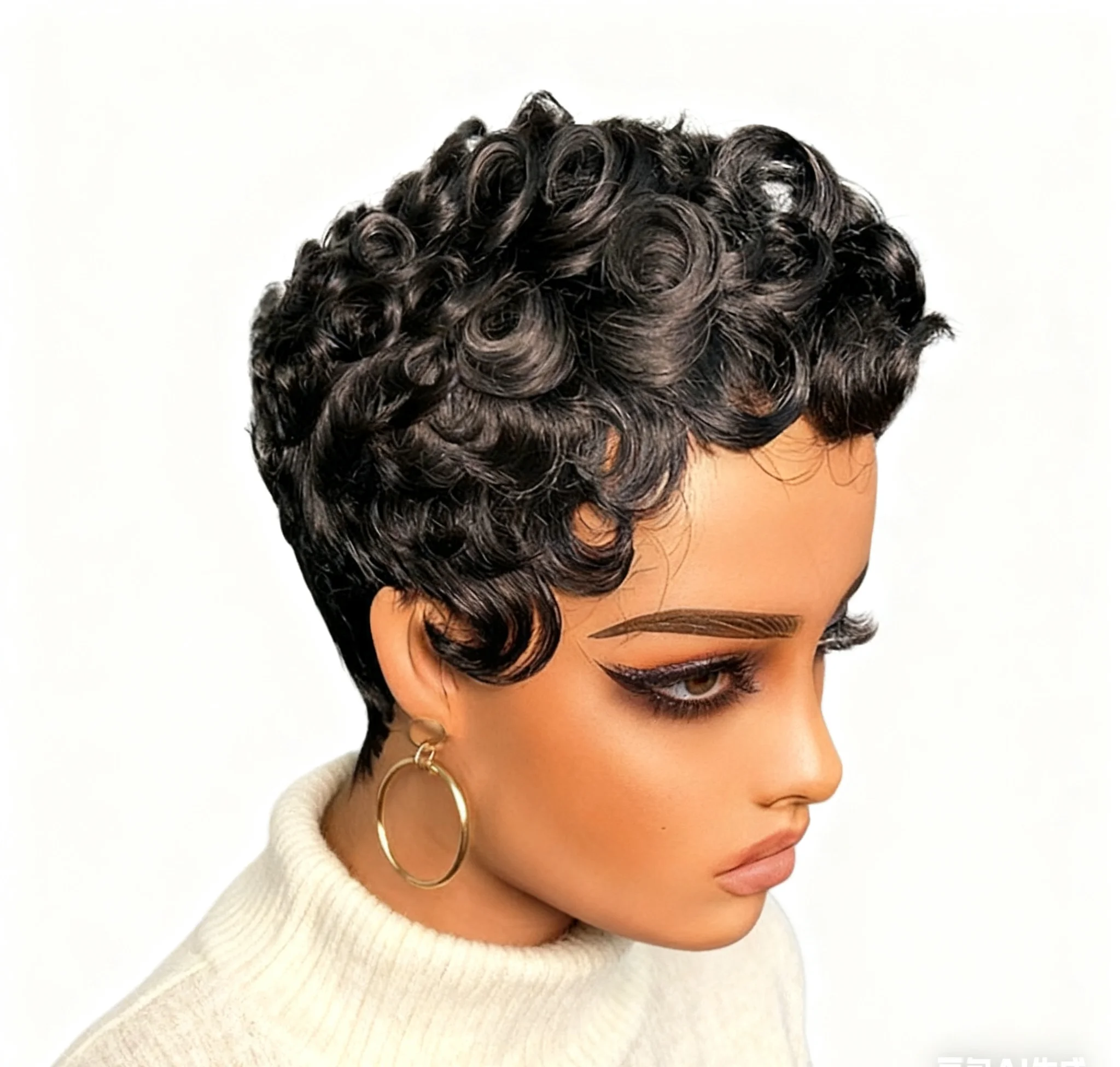 人毛ショートウィッグ ピクシーカット 機械製 ショートブラックレイヤードウェーブウィッグ 女性用 ピクシーウィッグ ブラジル産バージンショートレイヤード