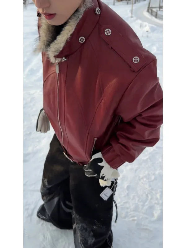 

Men's Thiened Fce Lined ort Biker Jaet Leather Coat with Hood Mountain Eagle Winter Warm Cotton Jaet