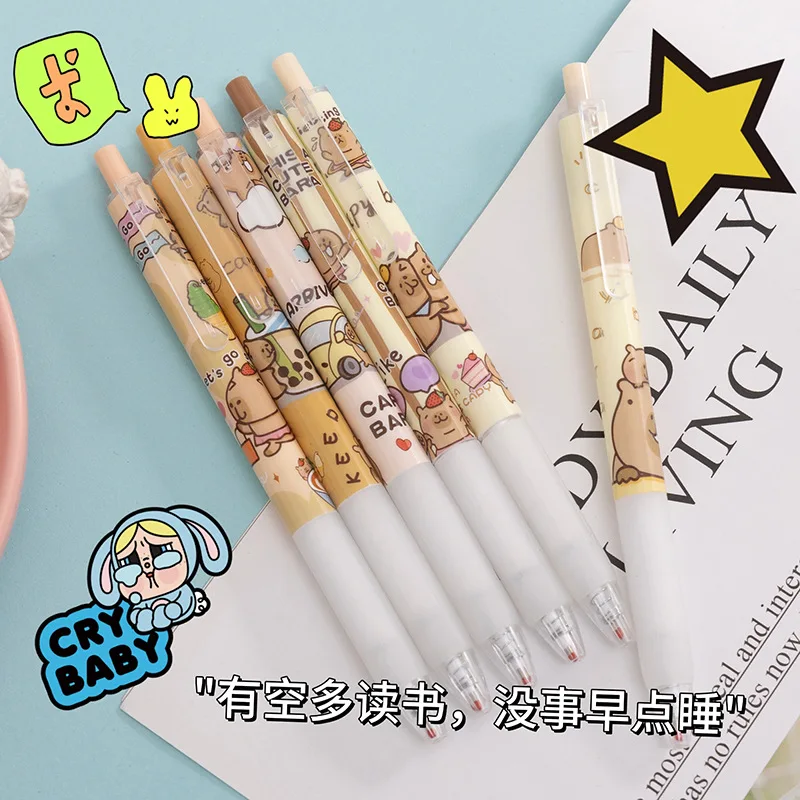 Kawaii 6 PCS Gel Pens Capybara Quick Drying Office Stationery Funny Pressing Pens Smoothly Writing Aesthetic School Supplies