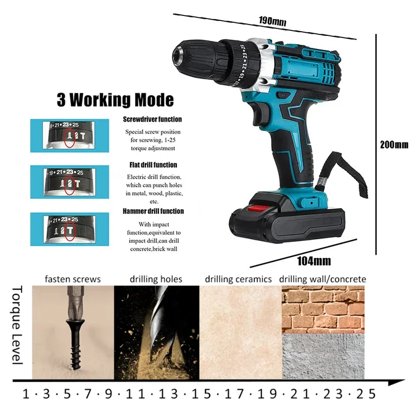 88VF Electric Impact Drill Cordless Screwdriver 25 Torque 3 Function Rechargeable Battery Home Handheld Hammer Drill Power Tool