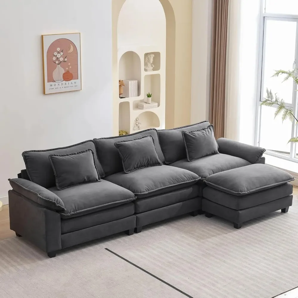 L Shape Sofa Comfy Sectional Cloud Couch for Living Room with Pillows, Modern Velvet Sofa Sleeper Deep Couches with Ottoman