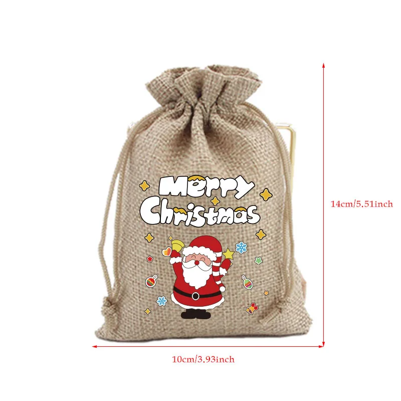 StoBag 5pcs Merry Christmas Linen Drawstring Bags Small Candy Gift Storage Packaging Kids Child Pocket Pouches Party Favors